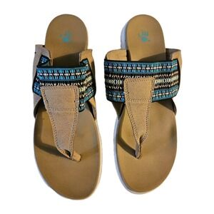 BearPaw Tan and Teal Woven Strap Thong Sandals